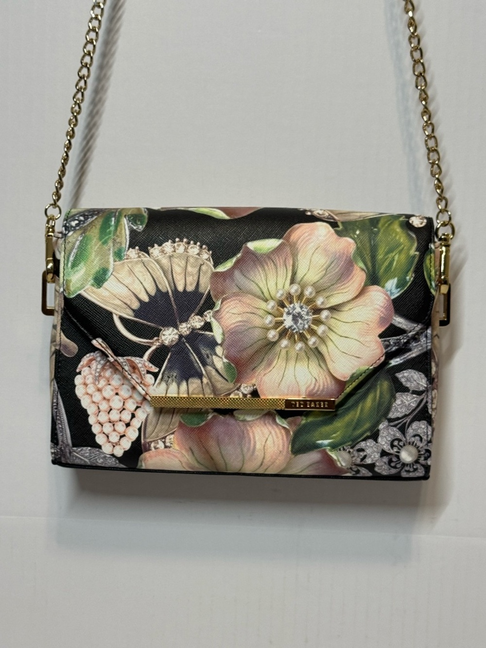 Ted Baker London Floral Crossbody Clutch Black Gold Chain Convertible Bag